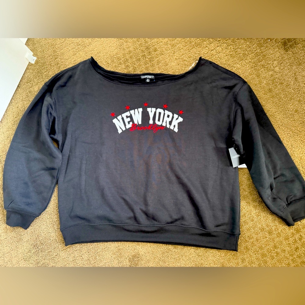 New Junior XL Off Shoulder Sweatshirt New York Brooklyn Stars Harper & Ivy women - Picture 2 of 4